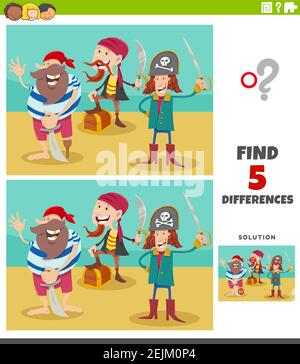 Cartoon Illustration der Suche nach den Unterschieden zwischen Bildern Lernspiel Für Kinder mit Piratenfiguren und Schatz Stock Vektor