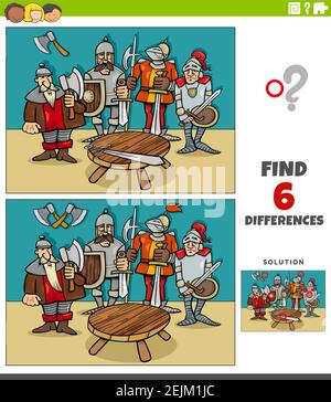 Cartoon Illustration der Suche nach den Unterschieden zwischen Bildern Lernspiel Für Kinder mit Rittergruppe Stock Vektor