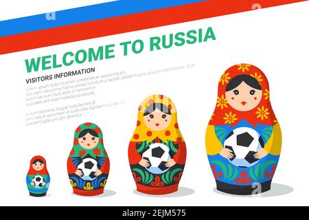 Russische Matrioshka Banner-Vorlage. Russland Symbol mit Fußball, russische Flagge und willkommen in Russland Text. Traditionelle nistende Puppe Matreshka Stock Vektor