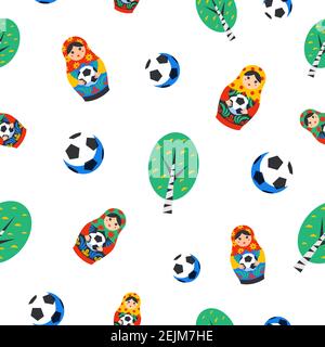 Nahtloses Muster mit Russian Matrioshka, Birke und Fußball in flacher Form. Russland Symbol mit Fußball. Traditionelle nistende Puppe Matreshka wit Stock Vektor