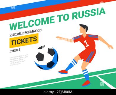 Fußballspieler mit Fußball. Willkommen bei Russland Web-Banner Vorlage. Narr Farbe Illustration in flachen Stil. Fußballspieler im russischen Fußball c Stock Vektor