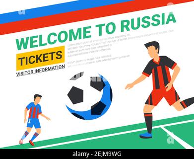 Fußballspieler mit Fußball. Willkommen bei Russland Web-Banner Vorlage. Narr Farbe Illustration in flachen Stil. Fußballspieler im russischen Fußball c Stock Vektor