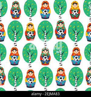 Nahtloses Muster mit Russian Matrioshka, Birke und Fußball in flacher Form. Russland Symbol mit einem Fußball. Traditionelle nistende Puppe Matreshka Stock Vektor