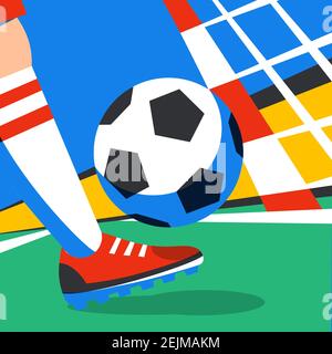 Fußballspieler mit Fußball vor dem Hintergrund des Fußballstadions. Willkommen in Russland. Fußballspieler in Russland. Strafe. Narr Farbe Stock Vektor