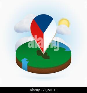 Isometrische Rundkarte der Tschechischen Republik und Punktmarkierung mit Flagge der Tschechischen Republik. Wolke und Sonne im Hintergrund. Isometrische Vektordarstellung. Stock Vektor