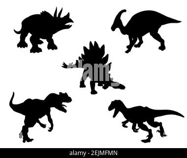 Set von schwarzen Silhouetten von Dinosauriern isoliert auf weiß. Stegosaurus, Alosaurus, Raptor, Triceratops, Hadrosaurus, Stock Vektor