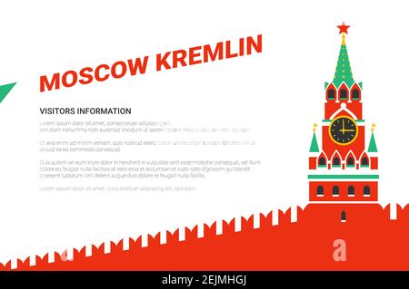 Moskauer Kreml Poster Vorlage. Spasskaya Turm des Kremls auf dem roten Platz in Moskau, Russland. Russisches nationales Wahrzeichen in flachem Stil. Stadtveranstaltungen b Stock Vektor
