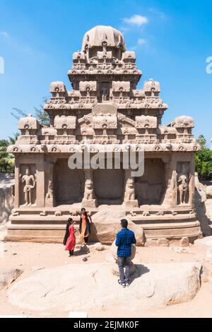 Dharmaraja Ratha einer der fünf (Pancha) Rathas in Mahabalipuram (Mamallapuram), Tamil Nadu, Indien Stockfoto