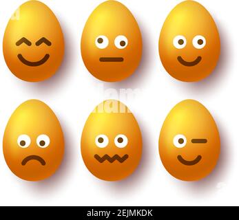 Set von gelben ostereiern mit Emojis. Realistischer 3D Vektor Ei Zeichensatz Stock Vektor