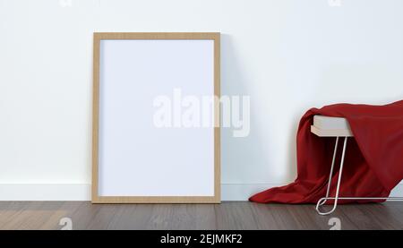 Leerer Bilderrahmen, der an der Wand davor hängt Eine Bank - 3D Rendering Stockfoto