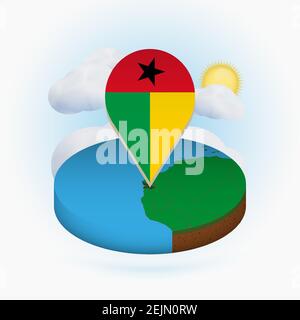 Isometrische Rundkarte von Guinea-Bissau und Punktmarkierung mit Flagge von Guinea-Bissau. Wolke und Sonne im Hintergrund. Isometrische Vektordarstellung. Stock Vektor