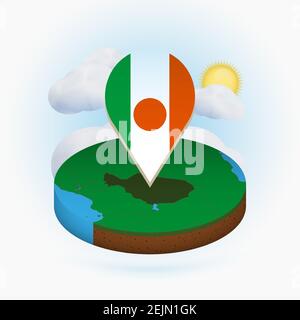 Isometrische Rundkarte von Niger und Punktmarkierung mit Flagge von Niger. Wolke und Sonne im Hintergrund. Isometrische Vektordarstellung. Stock Vektor