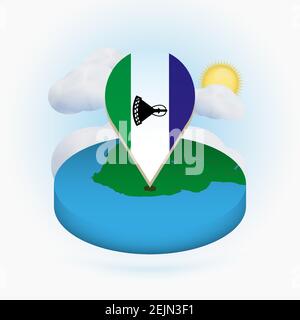 Isometrische Rundkarte von Lesotho und Punktmarkierung mit Flagge von Lesotho. Wolke und Sonne im Hintergrund. Isometrische Vektordarstellung. Stock Vektor