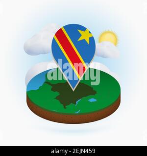 Isometrische Rundkarte von DR Kongo und Punktmarkierung mit Flagge von DR Kongo. Wolke und Sonne im Hintergrund. Isometrische Vektordarstellung. Stock Vektor