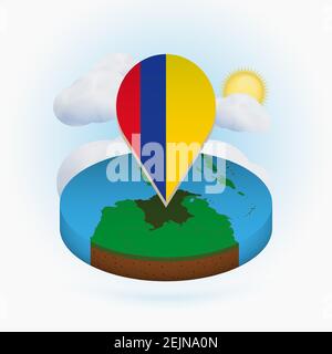 Isometrische Rundkarte von Kolumbien und Punktmarkierung mit Flagge von Kolumbien. Wolke und Sonne im Hintergrund. Isometrische Vektordarstellung. Stock Vektor