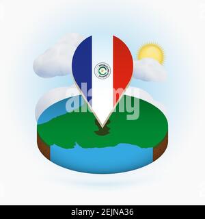 Isometrische Rundkarte von Paraguay und Punktmarkierung mit Flagge von Paraguay. Wolke und Sonne im Hintergrund. Isometrische Vektordarstellung. Stock Vektor