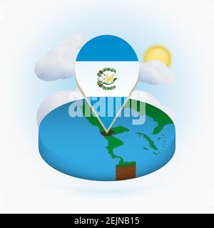 Isometrische Rundkarte von Guatemala und Punktmarkierung mit Flagge von Guatemala. Wolke und Sonne im Hintergrund. Isometrische Vektordarstellung. Stock Vektor