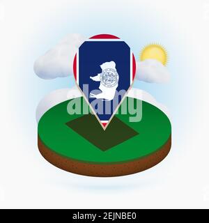 Isometrische Rundkarte des US-Bundesstaates Wyoming und Punktmarkierung mit Flagge von Wyoming. Wolke und Sonne im Hintergrund. Isometrische Vektordarstellung. Stock Vektor