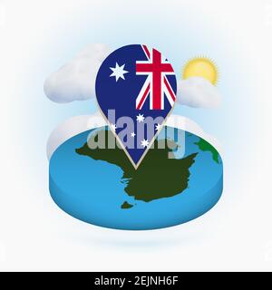 Isometrische Rundkarte von Australien und Punktmarkierung mit Flagge von Australien. Wolke und Sonne im Hintergrund. Isometrische Vektordarstellung. Stock Vektor