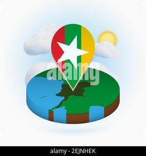 Isometrische Rundkarte von Myanmar und Punktmarkierung mit Flagge von Myanmar. Wolke und Sonne im Hintergrund. Isometrische Vektordarstellung. Stock Vektor