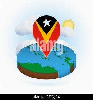 Isometrische Rundkarte von Osttimor und Punktmarkierung mit Flagge von Osttimor. Wolke und Sonne im Hintergrund. Isometrische Vektordarstellung. Stock Vektor