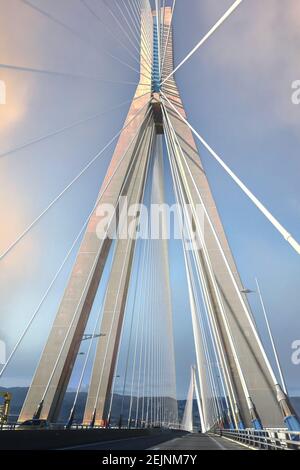 1-7-2018 Griechenland - Rio-Antirrio-Brücke - eine der weltweit Längste mehrspannige Kabelbrücken und längste der vollständig aufgehängten Geben Sie die Kreuzung Th ein Stockfoto