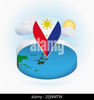 Isometrische Rundkarte der Philippinen und Punktmarkierung mit Flagge der Philippinen. Wolke und Sonne im Hintergrund. Isometrische Vektordarstellung. Stock Vektor