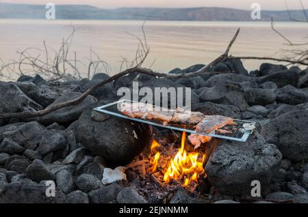 Nahaufnahme von Fisch rösten auf einem Feuer in der Nähe der See von Galiläa in Israel Stockfoto