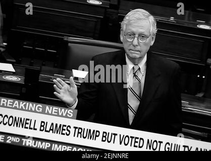 Ein TV-Screenshot einer CNN-Sendung von Senator Mitch McConnell im Anschluss an den Freispruch des Senats gegen den ehemaligen US-Präsidenten Donald Trump. Stockfoto