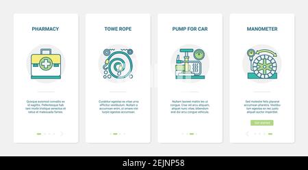 Reparatur-Ausrüstung für Auto-Service-Vektor-Illustration. UX, UI Onboarding mobile App Seite Screen Set mit Linie Auto Pumpe, Manometer Manometer Manometer, erste-Hilfe-Kit Apotheke, Schleppfahrzeug Seil Symbole Stock Vektor