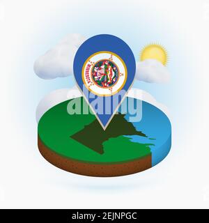 Isometrische Rundkarte des US-Bundesstaates Minnesota und Punktmarkierung mit Flagge von Minnesota. Wolke und Sonne im Hintergrund. Isometrische Vektordarstellung. Stock Vektor