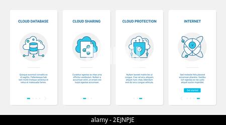 Schutz von Cloud-Datenbanken, Vektorgrafik Sicherheitstechnik. UX, UI Onboarding mobile App Seite Bildschirm mit Linie moderne sichere Netzwerk-Software zum Schutz von Daten, Internet-Datenschutz-Verteidigung Symbole Stock Vektor
