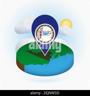 Isometrische Rundkarte des US-Bundesstaates Virginia und Punktmarkierung mit Flagge von Virginia. Wolke und Sonne im Hintergrund. Isometrische Vektordarstellung. Stock Vektor