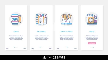 Fast Food für Bistro Cafe Restaurant Take Away Menü Vektor Illustration. UX, UI Onboarding mobile App Seite Bildschirm mit Linie französisch Pommes Shawarma Kebab Toast Chips, ungesunde Fastfood Symbole Stock Vektor