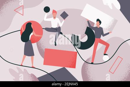 Menschen sammeln verstreute abstrakte geometrische Formen Teamarbeit Vektor Illustration. Cartoon Mann Frau Team von Charakteren halten Kreis Quadrat Rechteck, die Arbeit an der geschäftlichen Herausforderung zusammen Hintergrund Stock Vektor