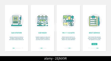 Beste Pflege Dienstleistungen für Auto Fahrzeug Vektor Illustration. UX, UI Onboarding mobile App Seite Bildschirm mit Linie Tankstelle, automatische Auto waschen Reinigung Unterstützung, Automobil Malerei Technologie Symbole Stock Vektor