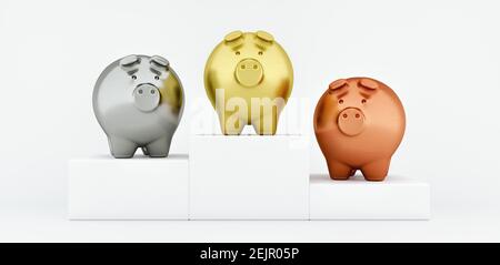 Gewinner Podium mit Piggy Bank 3D Rendering 3D Illustration Stockfoto