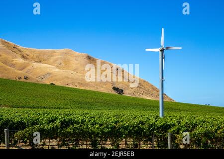 Ein Weinanbaugebiet mit Windturbinen zur Reduzierung von Frostschäden in einem Weinberg in Marlborough, Neuseeland Stockfoto