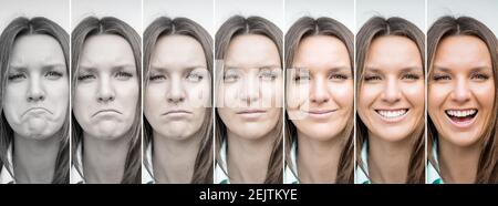 Trauriges und glückliches Frauengesicht. Bipolare Störung. Emotionaler Kontrast Stockfoto