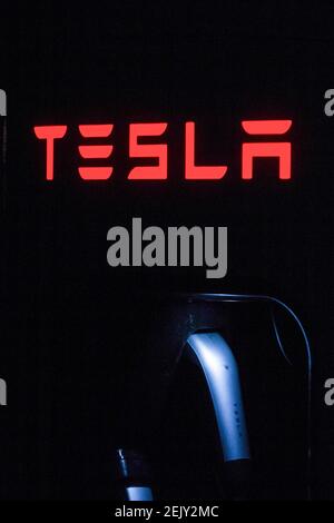 Frankreich. Januar 2021, 29th. In dieser Abbildung ist das Tesla-Logo auf einer Supercharger-Schnellladestation für den Elektrofahrzeughersteller Tesla Motors zu sehen. Kredit: Karol Serewis/SOPA Images/ZUMA Wire/Alamy Live Nachrichten Stockfoto