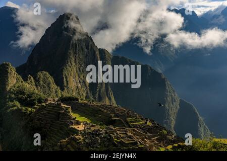Nahaufnahme der alten Inka-Tempelstadt Machu Picchu Stockfoto