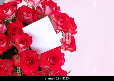 Schöner Strauß roter Rosen mit einem leeren Geschenkanhänger auf hellem Hintergrund Copy Space. Geburtstag, Mutter, Valentinstag, Frauen, Hochzeitstag Konzept. Stockfoto