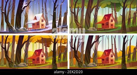 Holzhaus im Wald zu verschiedenen Jahreszeiten. Vektor-Set von Cartoon-Illustration von Winter, Frühling, Sommer und Herbst Landschaft von Wäldern mit Försterhütte und Bäumen Stock Vektor