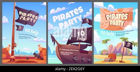 Pirates Party Kinder Abenteuer Cartoon Poster mit Schatzkiste mit Gold auf geheime Insel, Filibuster Schiff mit fröhlichen roger Flagge und Kanone, Einladung für Kinder Veranstaltung, Vektor vertikale Flyer Set Stock Vektor