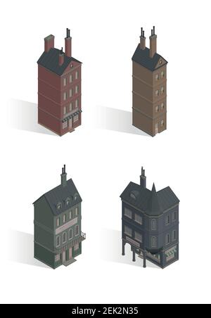 Set von Vektor isometrischen gotischen Häusern. Vektor-Illustration von Vintage Wohnblock. London Fairy Buildings. Viktorianischer, düsterer, dunkler und alter Stil. Stock Vektor