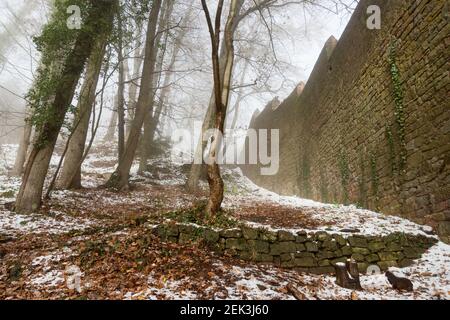 Umfassungsmauer der Burg Haut-Koenigsbourg, im Winter, Elsass, Frankreich Stockfoto