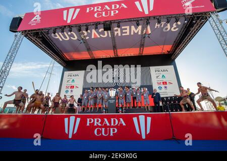 Auckland, Neuseeland. 23rd. Februar 2021.Prada Cup Offizielle Trophäe Präsentation, Maori Warriors' Performance und Finale Haka, Auckland, Neuseeland, 23rd. Februar 2021. Kredit - Neil Farrin/Alamy Live Nachrichten Stockfoto