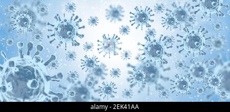 Viren oder Bakterien unter dem Mikroskop. Abstract 3D Mikroben Hintergrund auf blauem Hintergrund. Allergie-Erreger oder Bakterien, mikrobiologische Konzept. Stockfoto