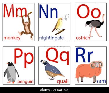 Karteikarten für Kinder mit Buchstaben und Bildern von Tieren, um das englische Alphabet zu lernen. Stock Vektor