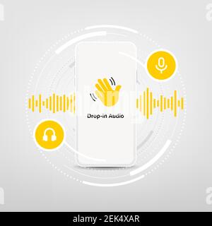 Smartphone mit winkender Hand, Text Drop-in Audio und Mikrofon. Audio-Chat-Anwendung in einem sozialen Netzwerk auf einem Mobiltelefon. Stock Vektor